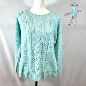 St John’s Bay surf mint green cable and open mixed knit sweater size medium